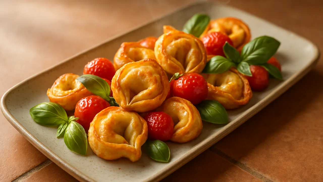Tortellini mit Tomaten und Basilikum aus der Form aus dem Airfryer mit Tortellini und Kirschtomaten, auf Terracotta-Fliesen …