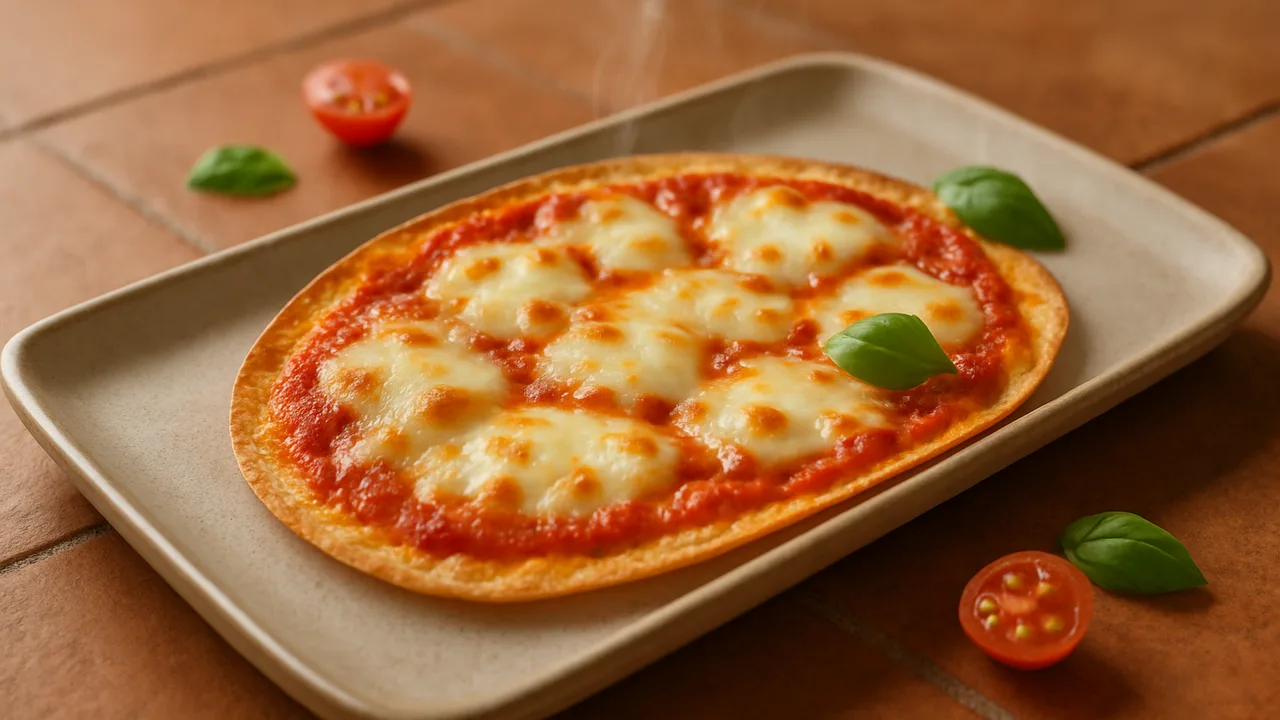 Tortilla-Pizza dünn und knusprig aus dem Airfryer mit Tortilla-Fladen und Tomatenmark, auf Terracotta-Fliesen angerichtet.