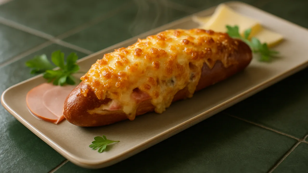 Überbackene Laugenstange mit Schinken und Käse aus dem Airfryer mit Laugenstangen und Gekochter Schinken, auf dunkelgrünen …
