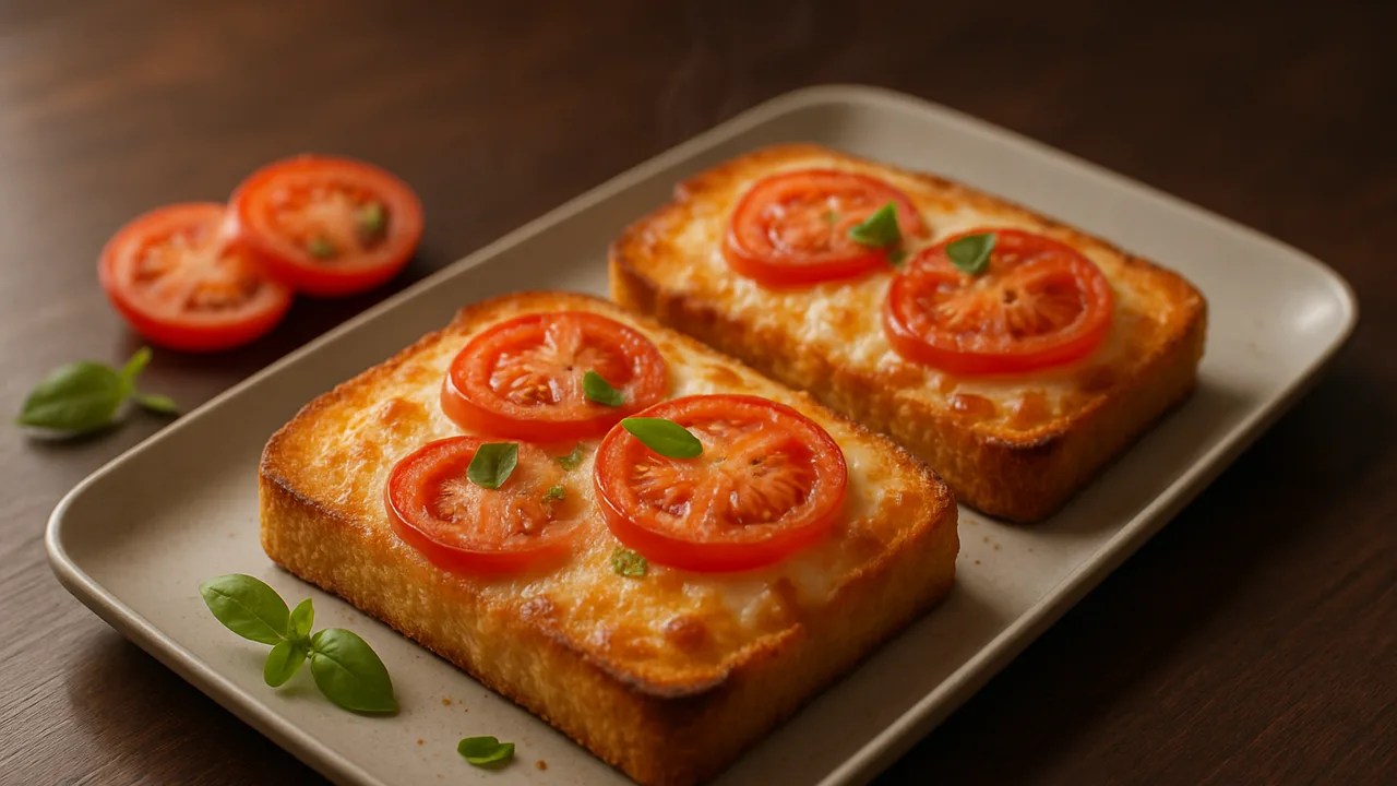 Überbackener Toast mit Tomate und Mozzarella aus dem Airfryer mit Toastbrot und Tomaten, auf dunklem Walnussholz angerichtet.