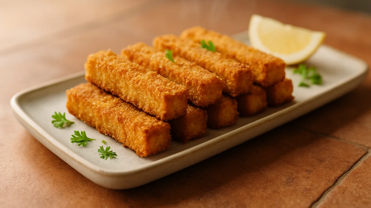 Vegane Tofu-Stäbchen paniert aus dem Airfryer mit fester Tofu und Kokosmilch, auf Terracotta-Fliesen angerichtet.