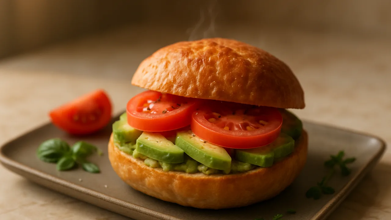 Veganes Frühstücksbrötchen mit Avocado und Tomate aus dem Airfryer mit Brötchen und Avocado, auf beigem Marmor angerichtet.
