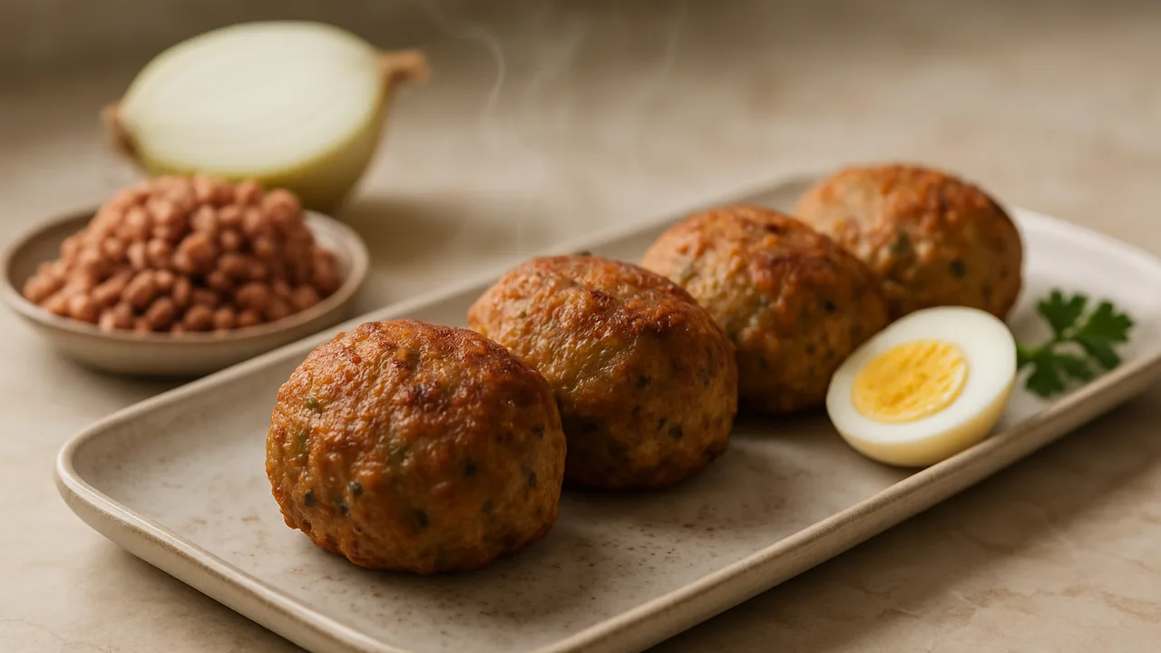 Vegetarische Frikadellen aus Veggie-Hack aus dem Airfryer mit Veggie-Hack und Ei, auf beigem Marmor angerichtet.