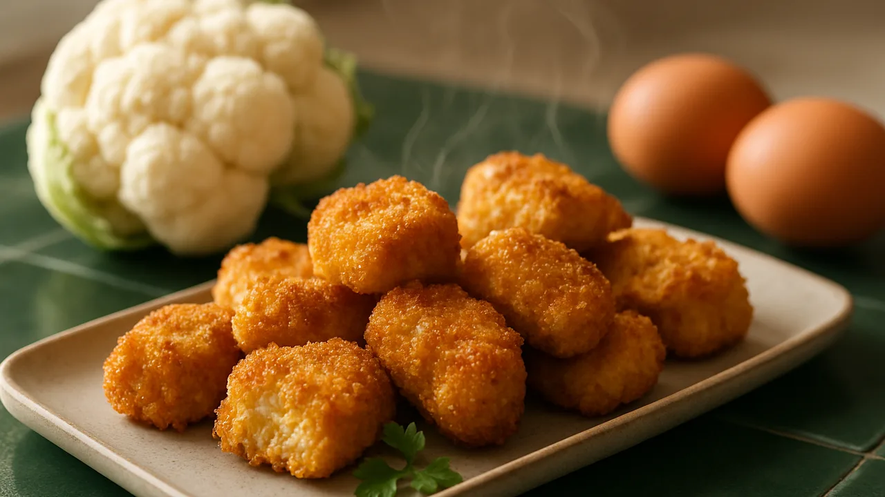 Vegetarische Nuggets aus Blumenkohl aus dem Airfryer mit Blumenkohl und Eier, auf dunkelgrünen Fliesen angerichtet.