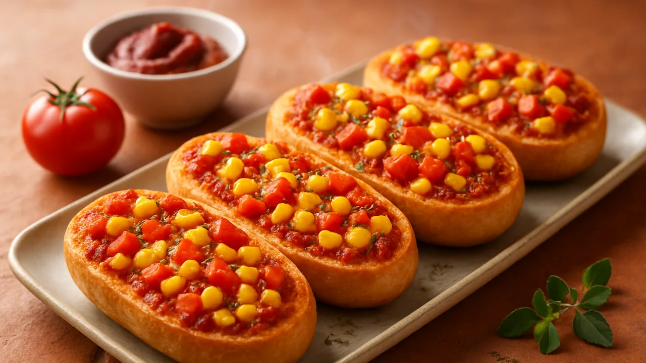 Vegetarische Pizzabrötchen mit Paprika und Mais aus dem Airfryer mit Brötchen und Tomatenmark, auf Terracotta-Fliesen …