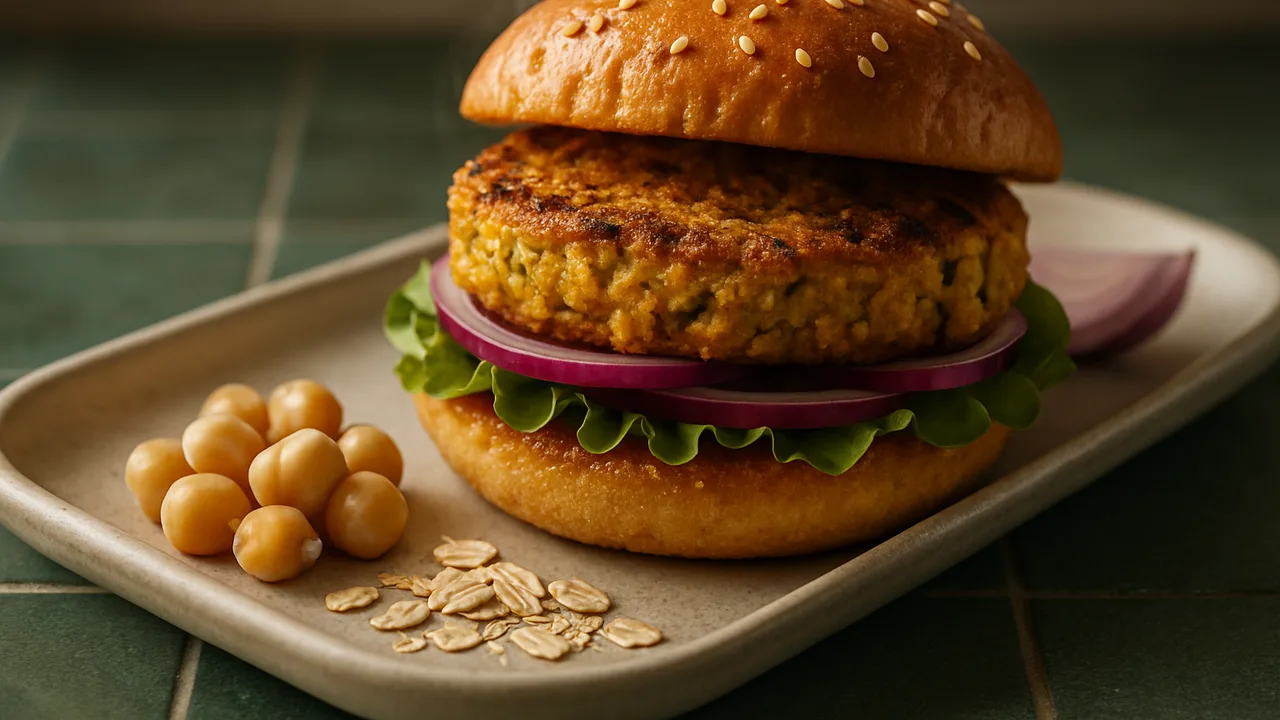 Veggie-Burger mit Kichererbsen aus dem Airfryer mit Kichererbsen, abgetropft und Haferflocken, auf dunkelgrünen Fliesen …