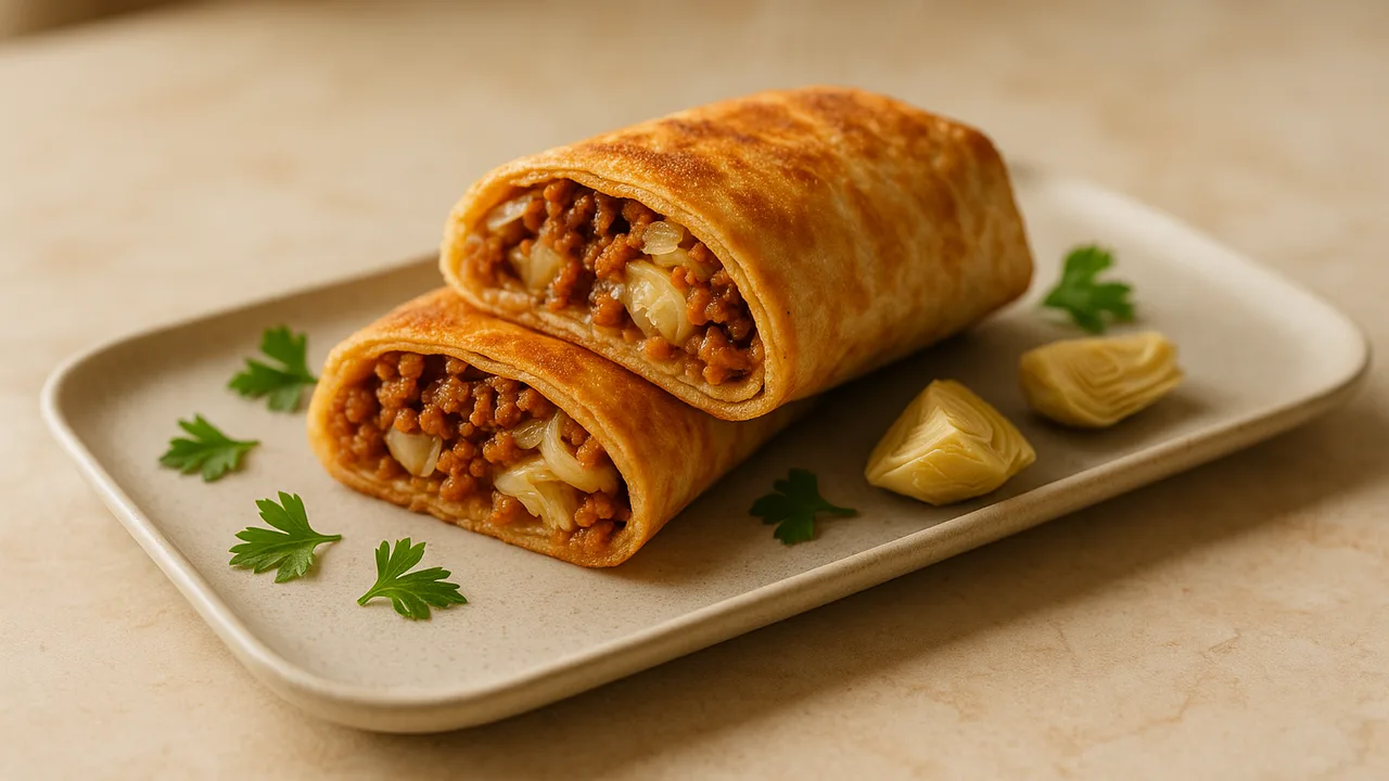 Veggie-Hack-Artischocke Wrap aus dem Airfryer mit Veggie-Hack und Artischockenherzen, auf beigem Marmor angerichtet.