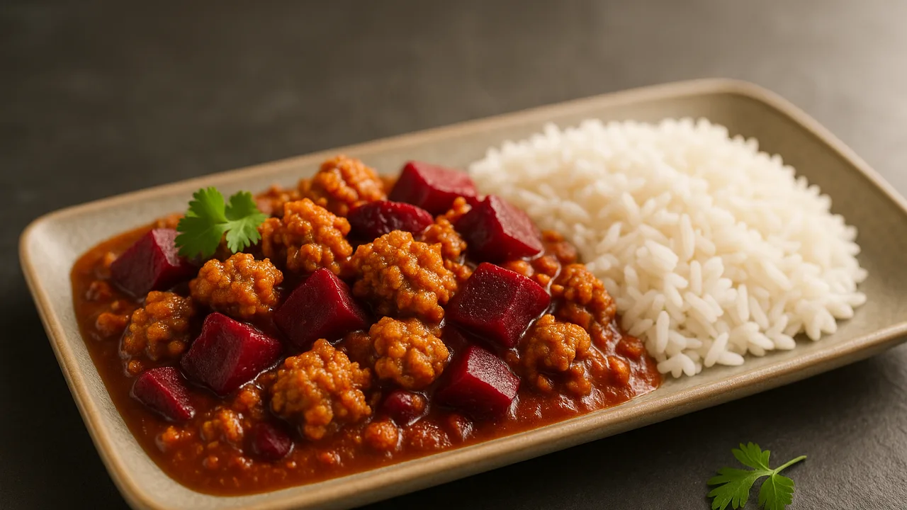Veggie-Hack Curry mit Rote Bete und Reis aus dem Airfryer mit Veggie-Hack und Rote Bete, auf dunklem Schiefer angerichtet.