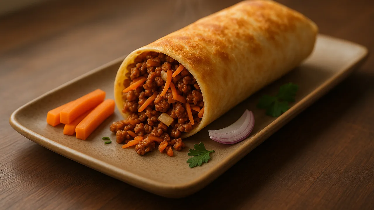 Veggie-Hack-Karotte Wrap aus dem Airfryer mit Veggie-Hack und Karotte, auf dunklem Walnussholz angerichtet.
