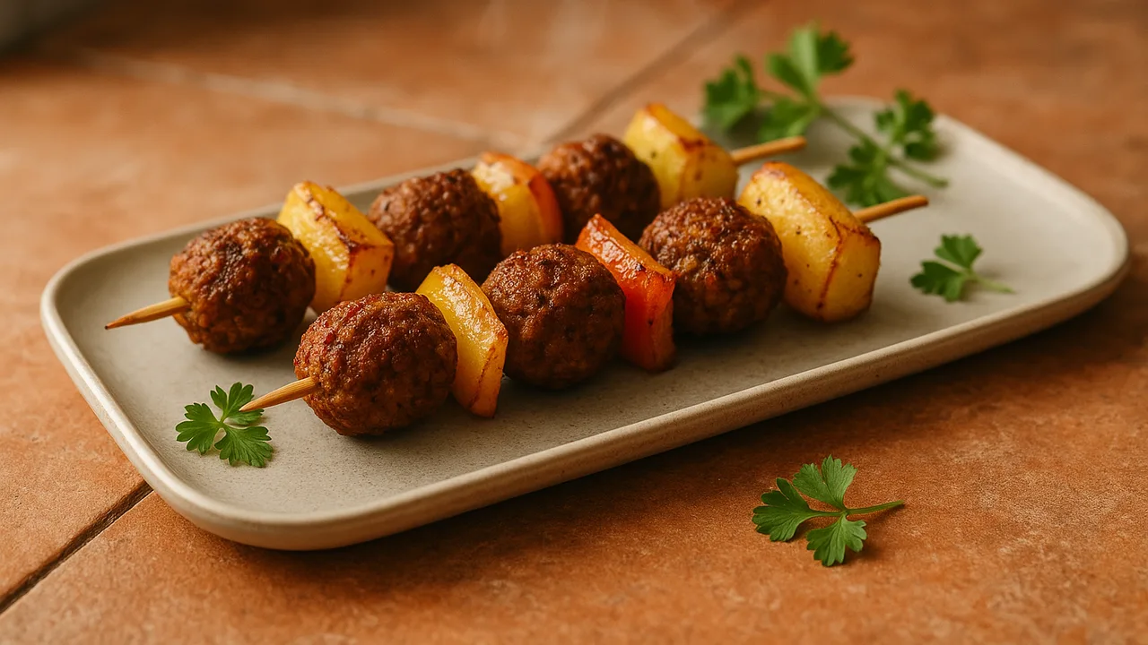 Veggie-Hack-Spieße mit Kartoffel aus dem Airfryer mit Veggie-Hack und Kartoffeln, auf Terracotta-Fliesen angerichtet.