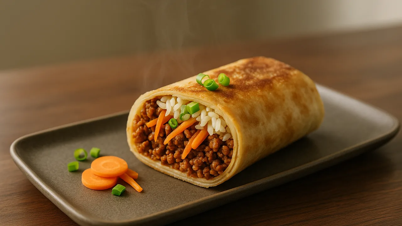 Veggie-Hack Wrap mit Karotte und Reis aus dem Airfryer mit Veggie-Hack und Karotte, auf dunklem Walnussholz angerichtet.