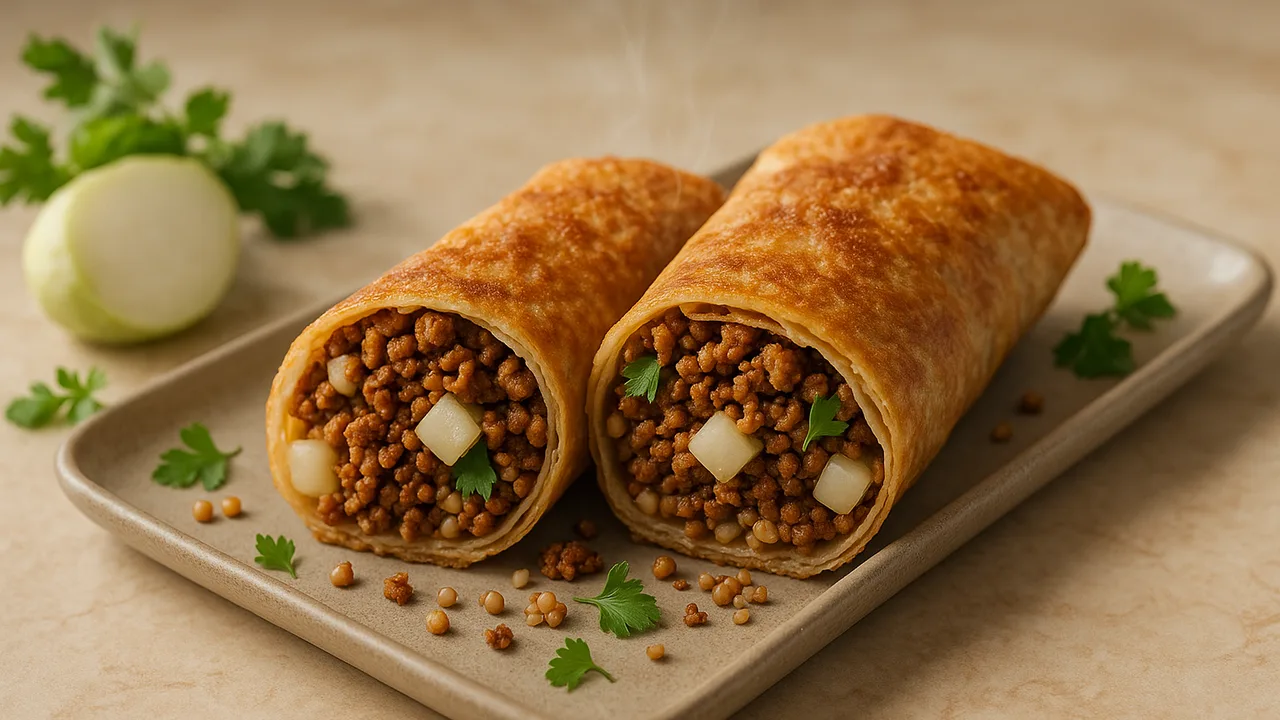 Veggie-Hack Wrap mit Kohlrabi und Buchweizen aus dem Airfryer mit Veggie Hack und Kohlrabi, auf beigem Marmor angerichtet.