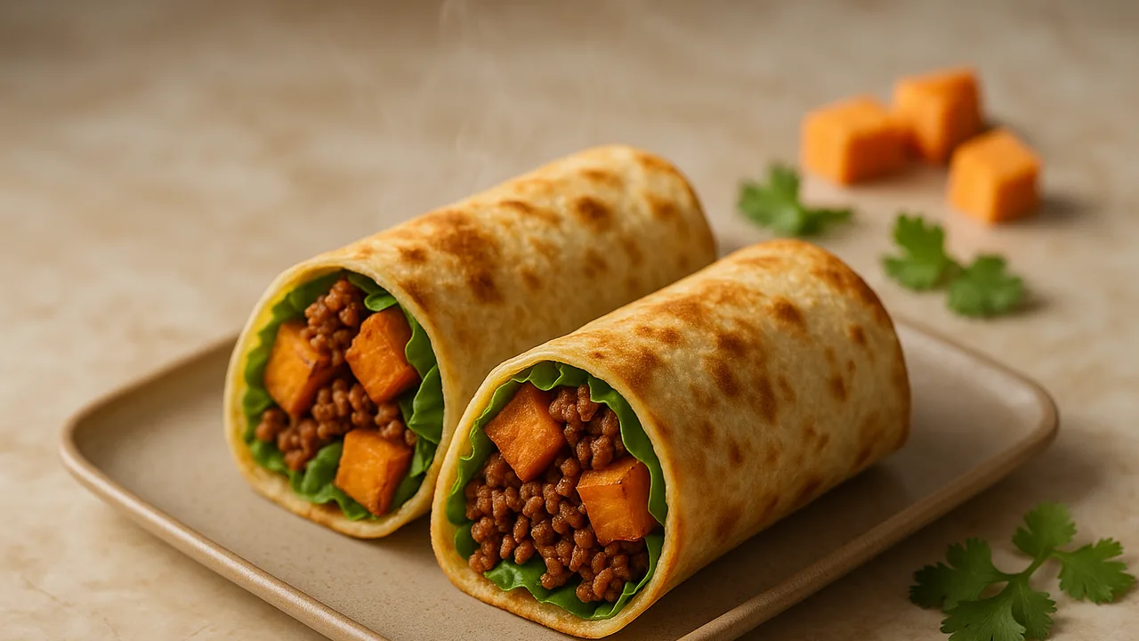 Veggie-Hack Wrap mit Süßkartoffel und Tortilla aus dem Airfryer mit Süßkartoffel und Veggie-Hack, auf beigem Marmor …