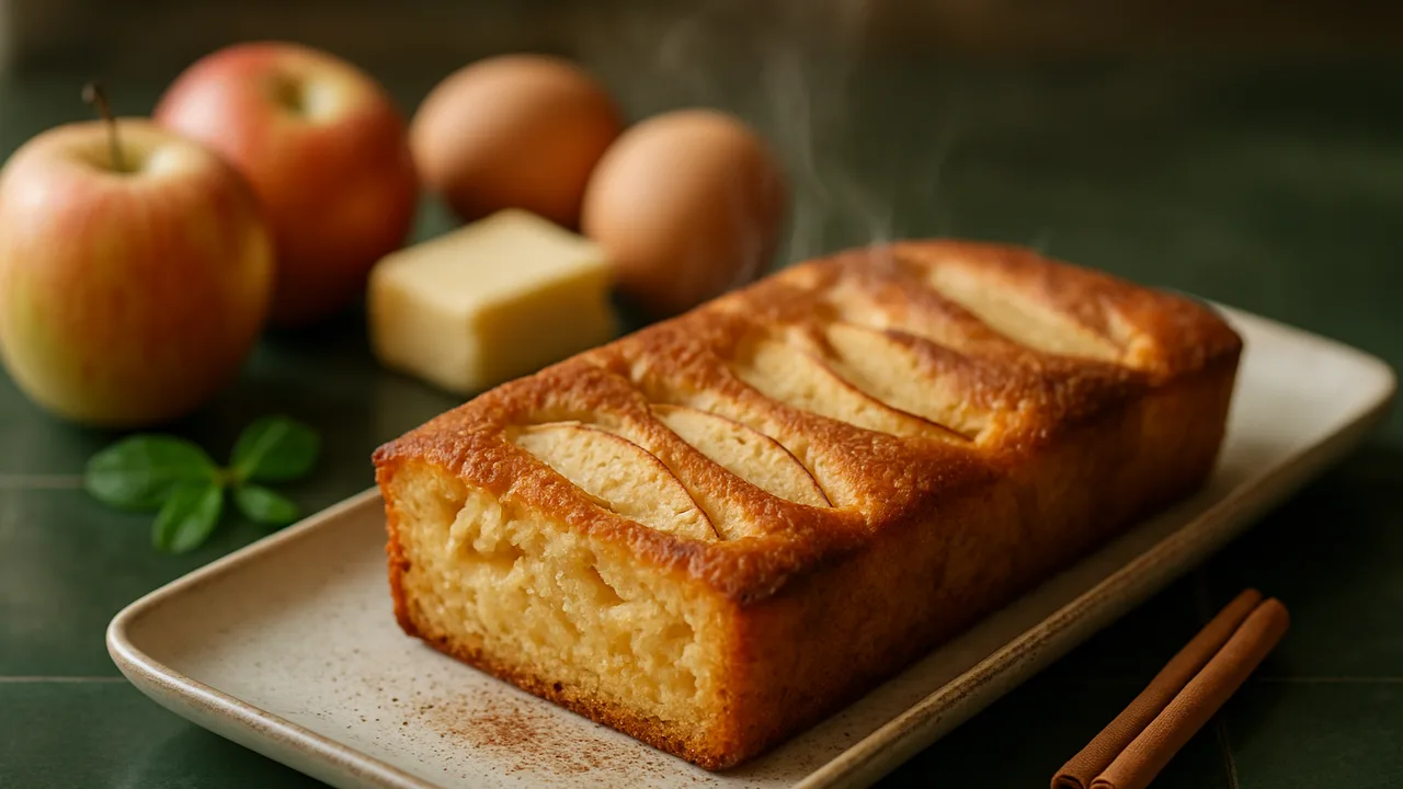 Versunkener Apfelkuchen mit Zimt aus dem Airfryer mit Äpfel und Eier, auf dunkelgrünen Fliesen angerichtet.