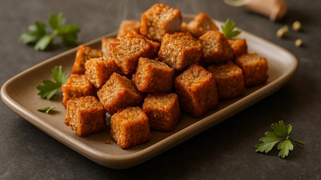 Vollkorn-Croutons für Suppen aus dem Airfryer mit Vollkornbrot, auf dunklem Schiefer angerichtet.