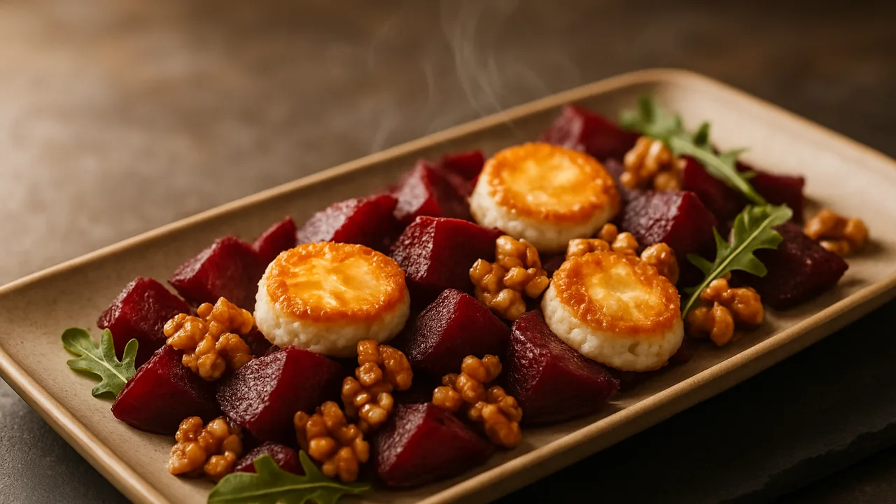 Warmer Rote-Bete-Salat mit Ziegenkäse und Walnüssen aus dem Airfryer mit Rote Bete und Ziegenkäse, auf dunklem Schiefer …
