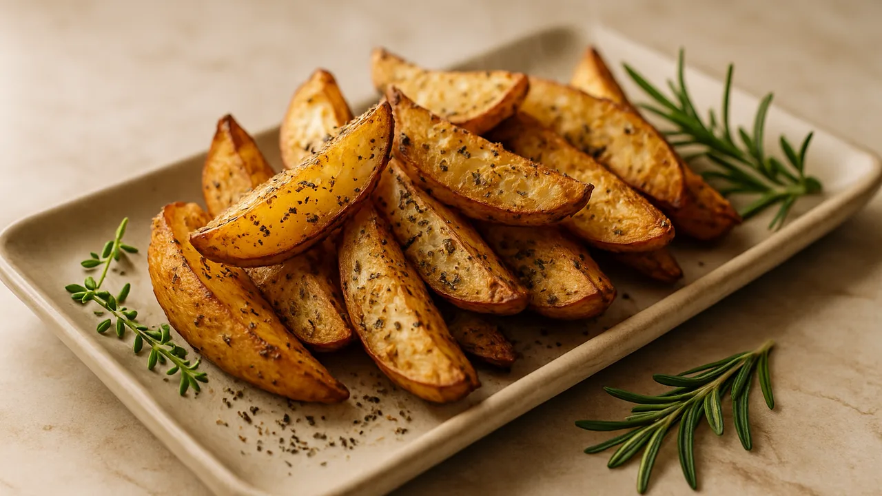Wedges mit Kräutern der Provence aus dem Airfryer mit Kartoffeln und Thymian, auf beigem Marmor angerichtet.