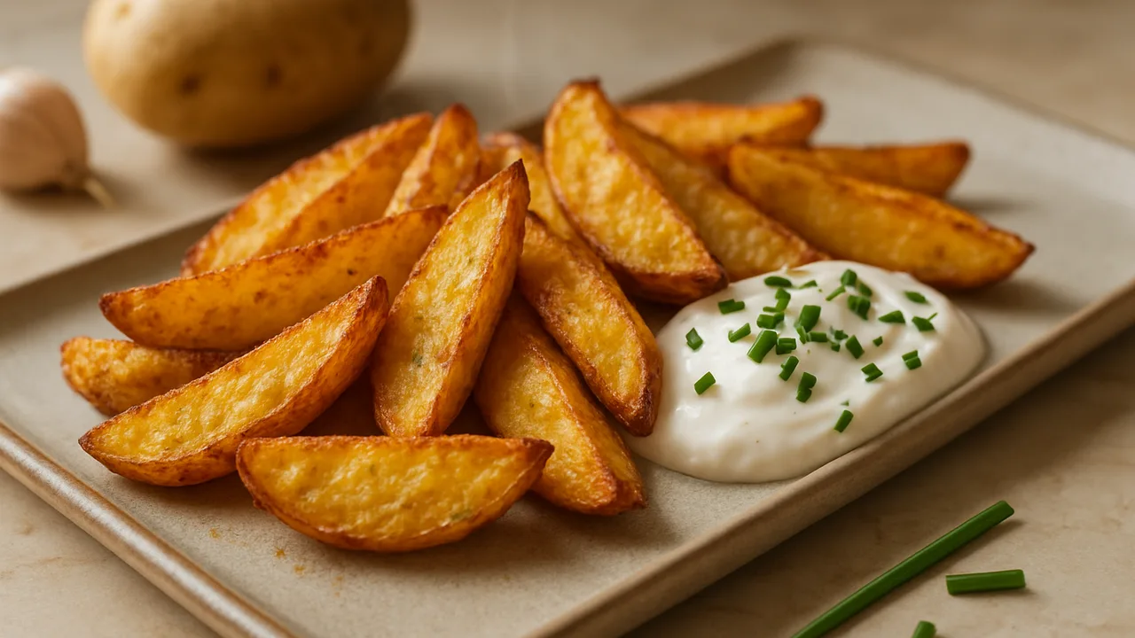 Wedges mit Schmand und Schnittlauch aus dem Airfryer mit Kartoffeln und Knoblauchpulver, auf beigem Marmor angerichtet.
