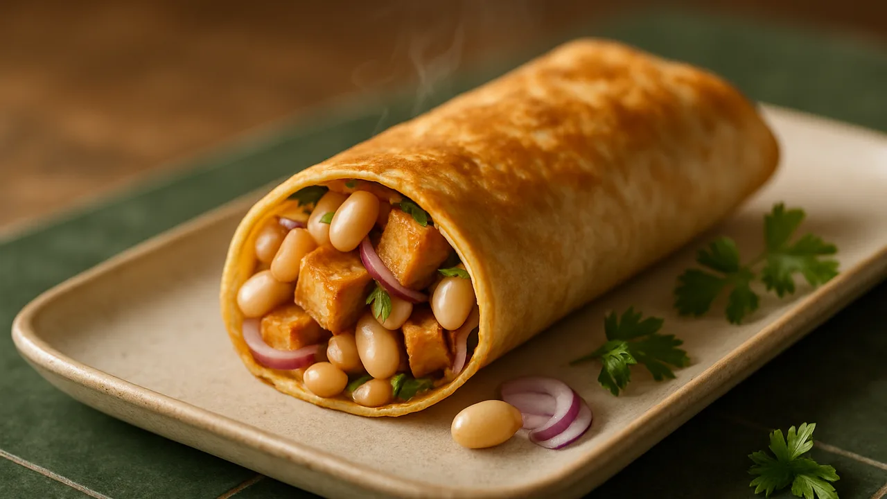 Weiße Bohnen-Ingwer Wrap aus dem Airfryer mit weiße Bohnen und Tofu, auf dunkelgrünen Fliesen angerichtet.