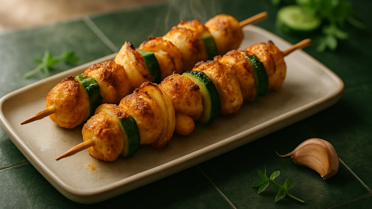 Weiße Bohnen-Spieße mit Gurke aus dem Airfryer mit weiße Bohnen (aus der Dose) und Zwiebel, auf dunkelgrünen Fliesen …