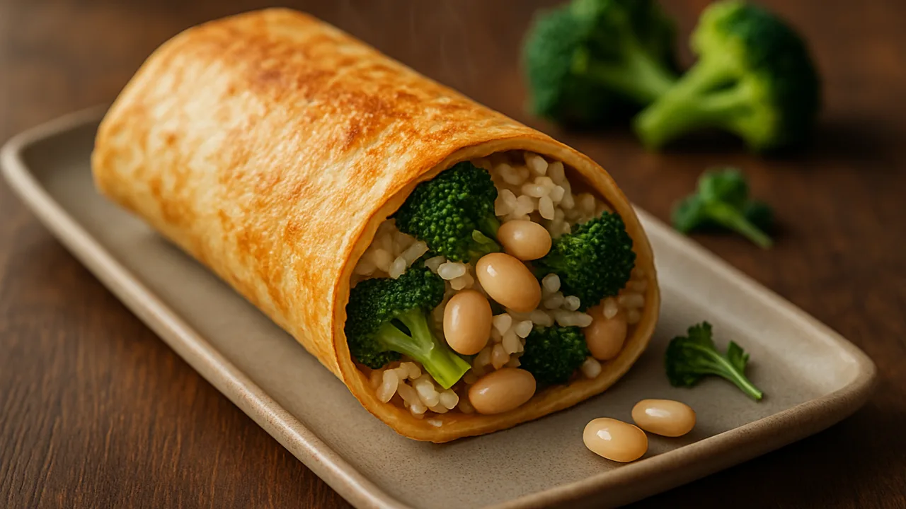 Weiße Bohnen Wrap mit Brokkoli und Reis aus dem Airfryer mit Weiße Bohnen (aus der Dose, abgetropft) und Brokkoliröschen, …