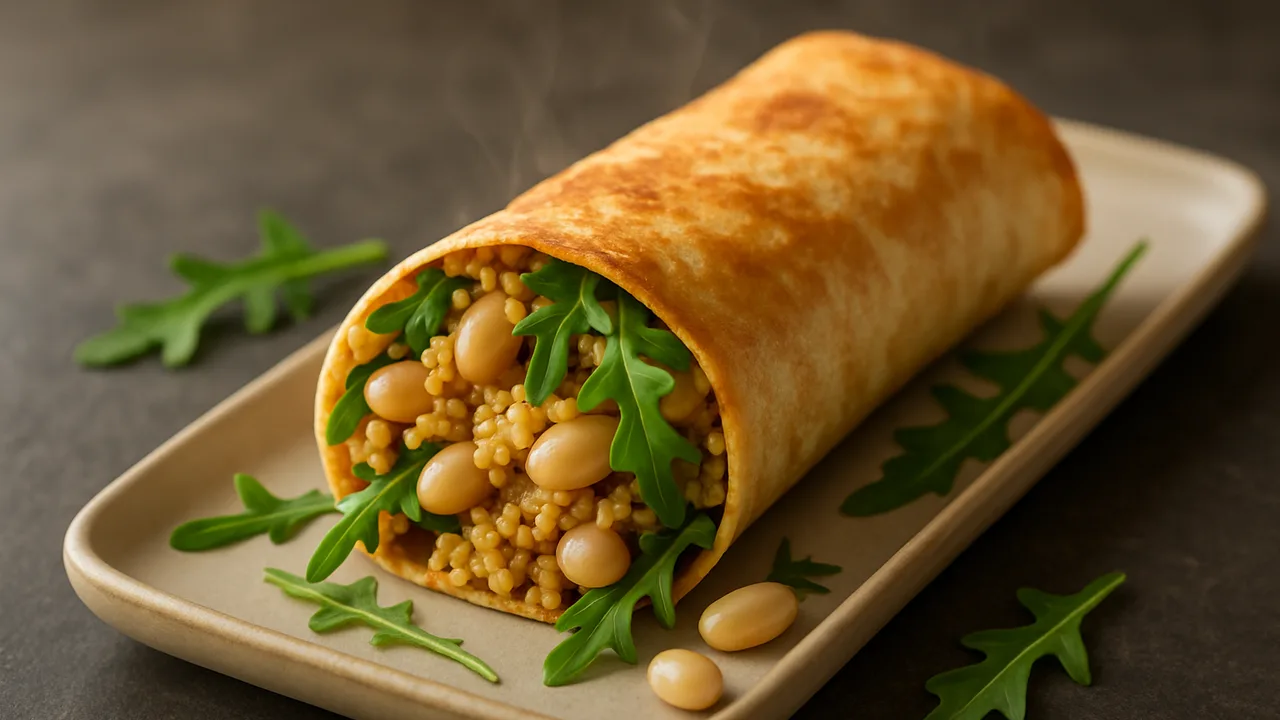 Weiße Bohnen Wrap mit Rucola und Bulgur aus dem Airfryer mit Weiße Bohnen und Bulgur, auf dunklem Schiefer angerichtet.