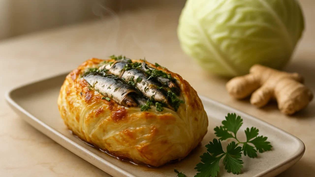 Weißkohl gefüllt mit Sardinen und Kräutern aus dem Airfryer mit Weißkohlkopf und Sardinen (aus der Dose), auf beigem Marmor …