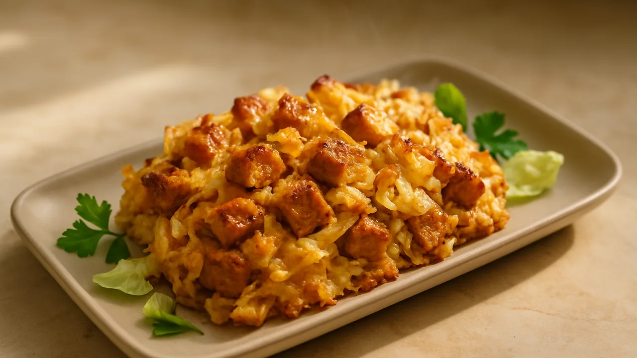 Weißkohl-Seitan Auflauf aus dem Airfryer mit Weißkohl und Seitan, auf beigem Marmor angerichtet.