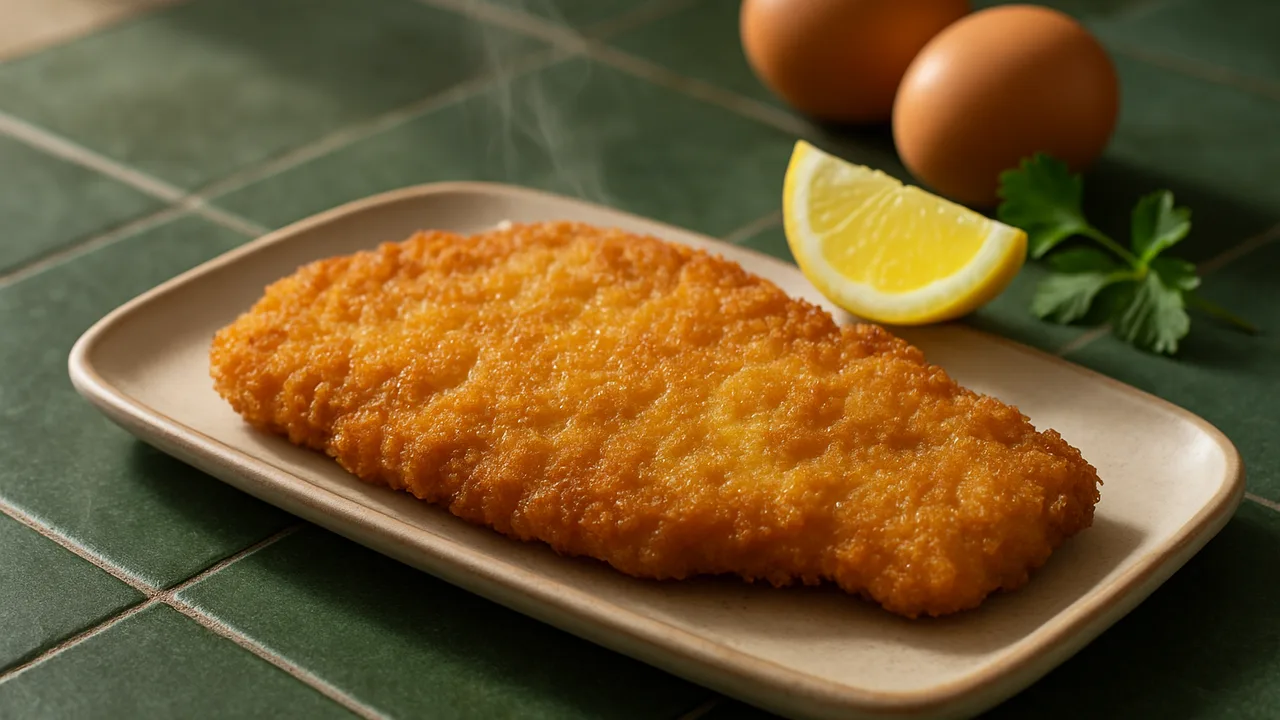 Wiener Schnitzel knusprig ohne Fett aus dem Airfryer mit Kalbsschnitzel und Eier, auf dunkelgrünen Fliesen angerichtet.
