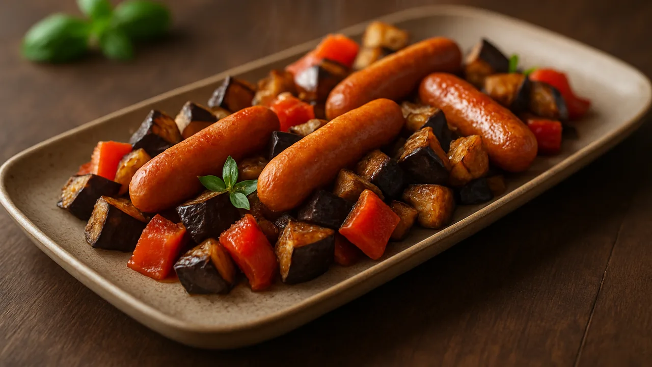Wiener Würstchen-Aubergine-Pfanne aus dem Airfryer mit Wiener Würstchen und Aubergine, auf dunklem Walnussholz angerichtet.