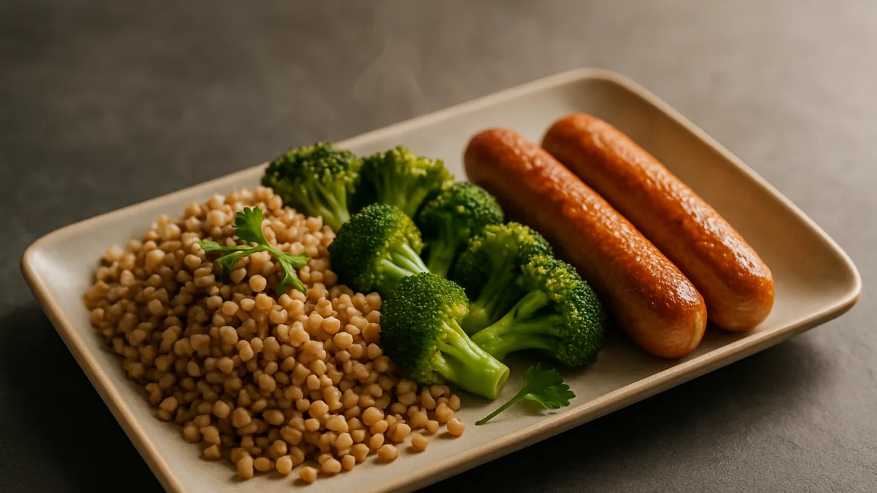 Meal-Prep Wiener Würstchen Bowl mit Buchweizen und Brokkoli aus dem Airfryer mit Wiener Würstchen und Brokkoli, auf dunklem …