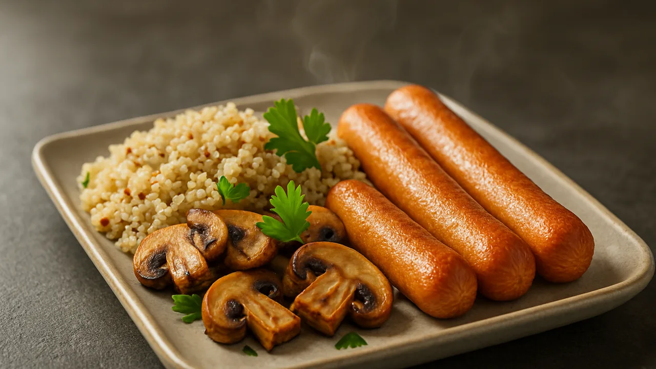 Meal-Prep Wiener Würstchen Bowl mit Quinoa und Champignons aus dem Airfryer mit Wiener Würstchen und Quinoa, auf dunklem …