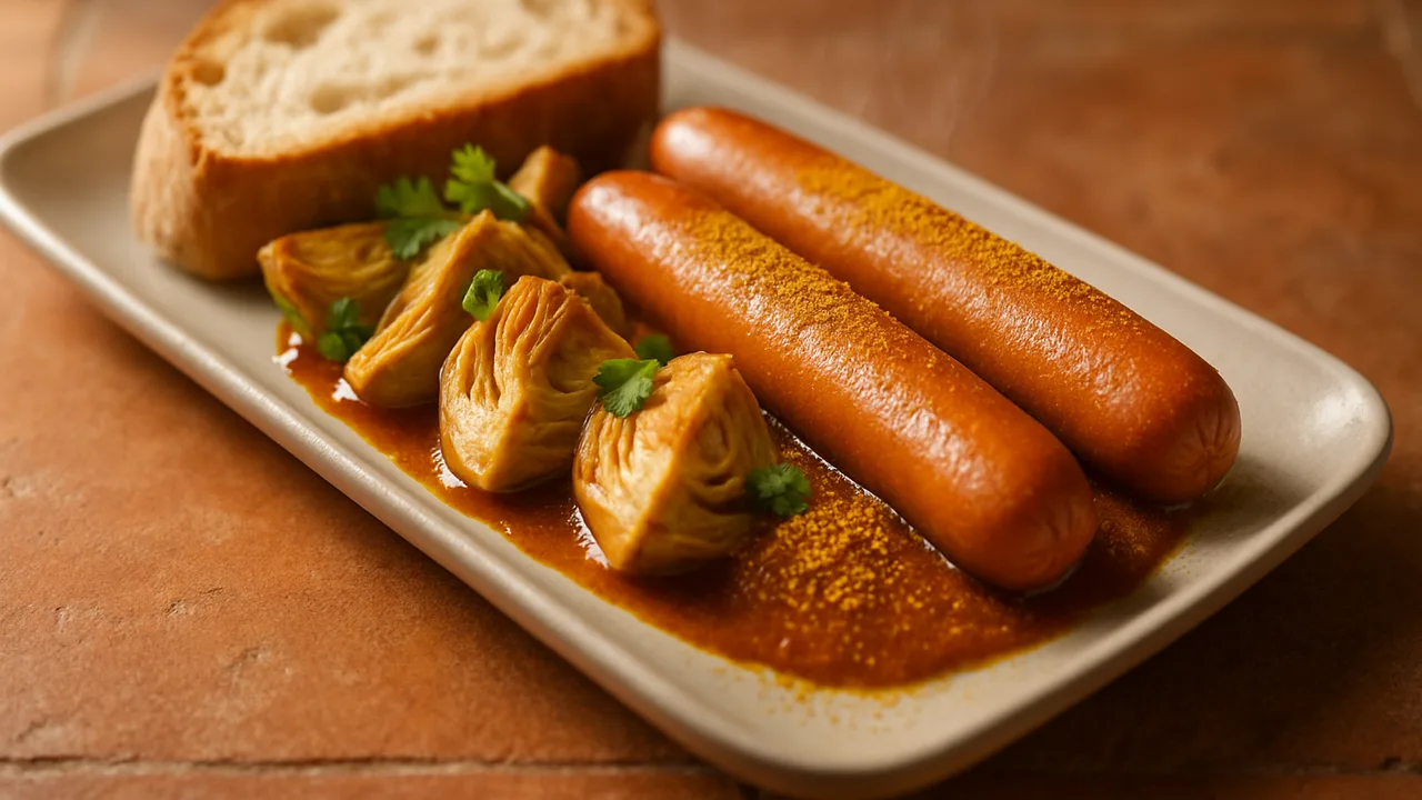 Wiener Würstchen Curry mit Artischocke und Brot aus dem Airfryer mit Wiener Würstchen und Artischockenherzen, auf …