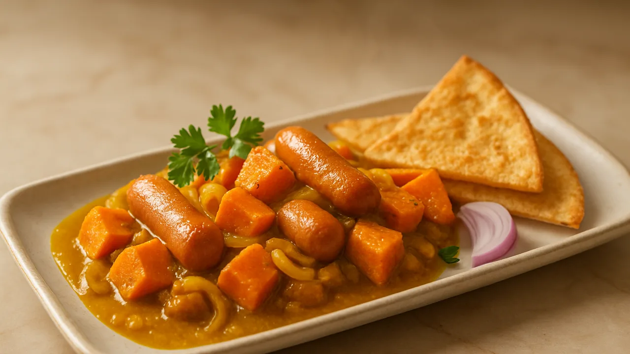 Wiener Würstchen Curry mit Kürbis und Tortilla aus dem Airfryer mit Wiener Würstchen und Kürbis (z.B. Hokkaido), auf beigem …
