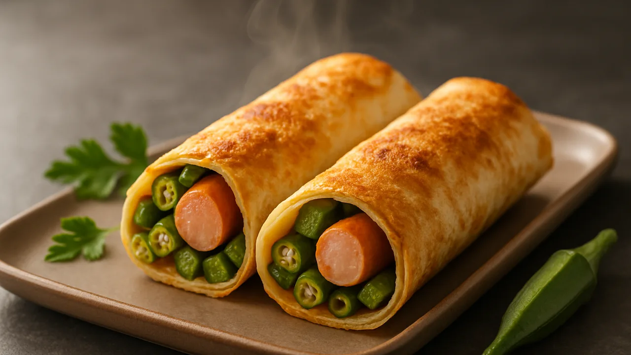 Wiener Würstchen-Okra Wrap aus dem Airfryer mit Wiener Würstchen und Okra, auf dunklem Schiefer angerichtet.