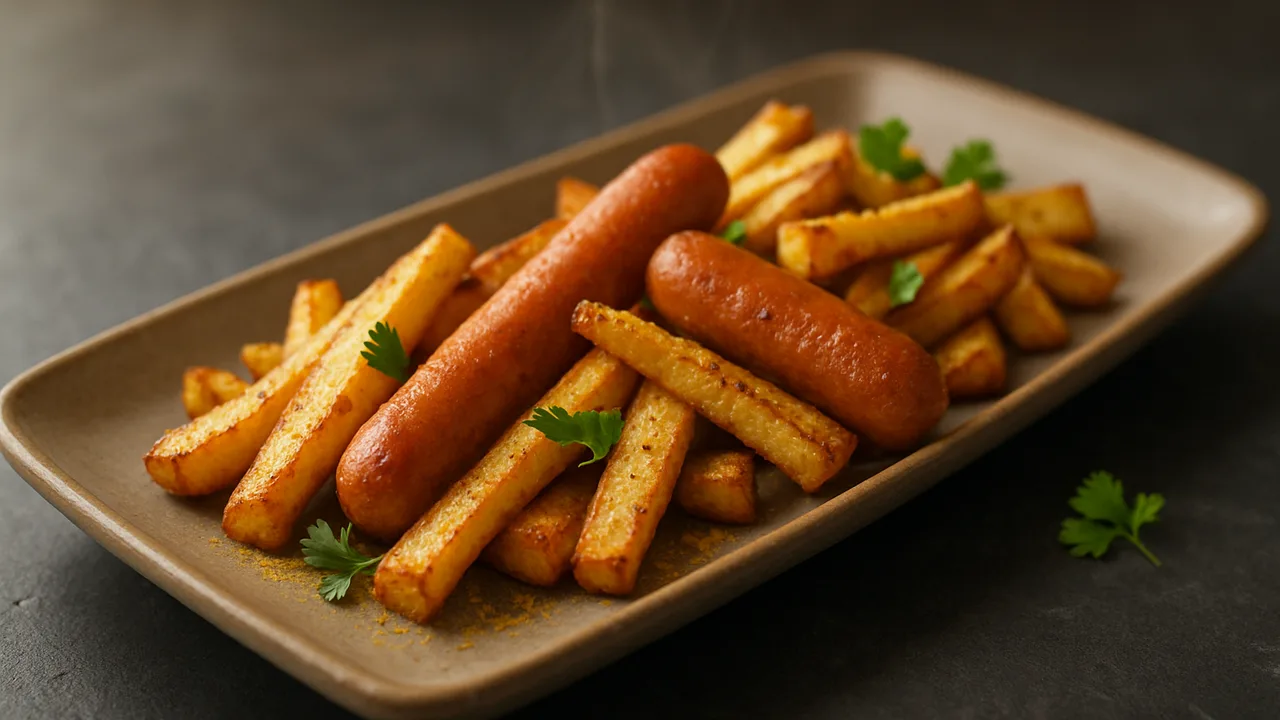 Wiener Würstchen-Pastinake-Pfanne aus dem Airfryer mit Wiener Würstchen und Pastinake, auf dunklem Schiefer angerichtet.