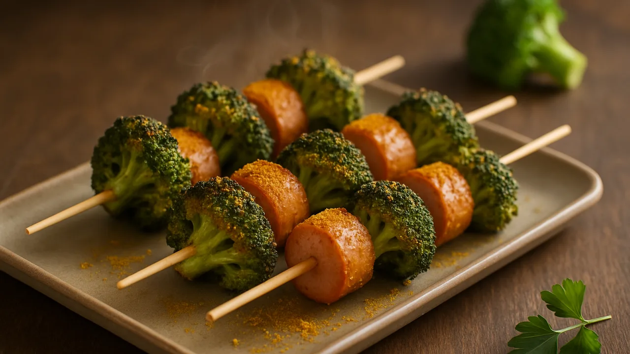 Wiener Würstchen-Spieße mit Brokkoli aus dem Airfryer mit Wiener Würstchen und Brokkoli, auf dunklem Walnussholz angerichtet.