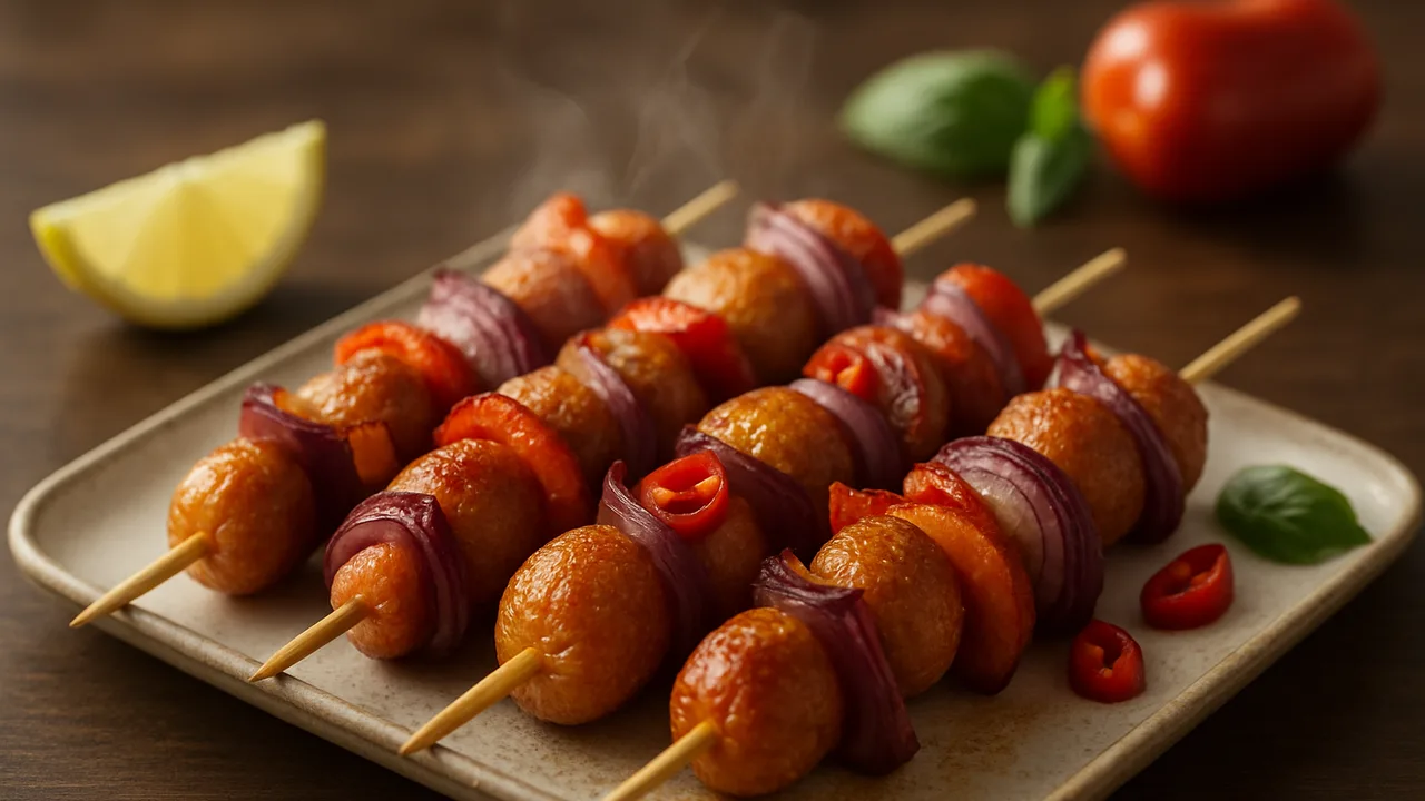 Wiener Würstchen-Spieße mit Chili aus dem Airfryer mit Wiener Würstchen und Paprika, auf dunklem Walnussholz angerichtet.