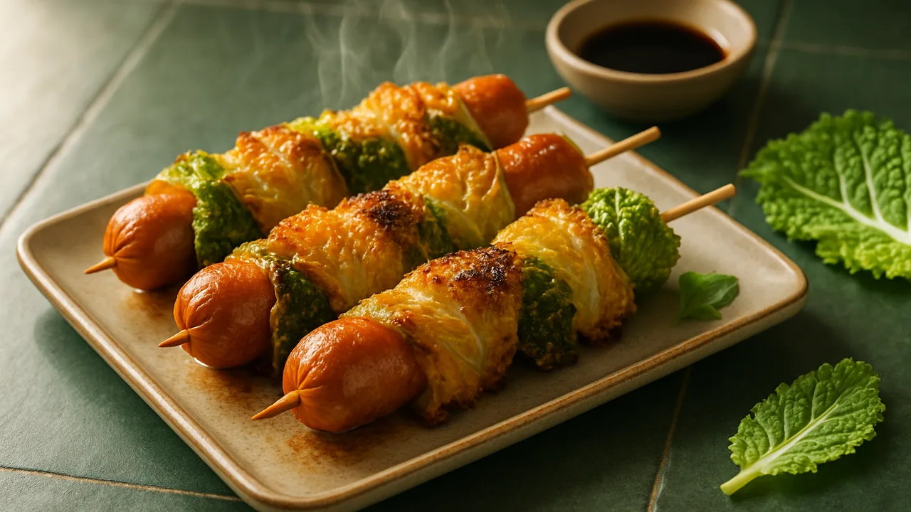 Wiener Würstchen-Spieße mit Wirsing aus dem Airfryer mit Wiener Würstchen und Wirsing, auf dunkelgrünen Fliesen angerichtet.