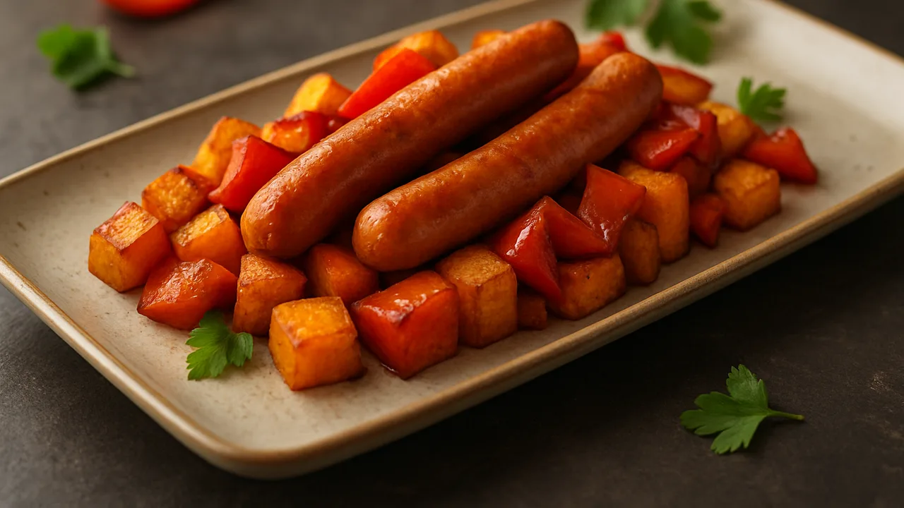 Wiener Würstchen-Süßkartoffel-Pfanne aus dem Airfryer mit Wiener Würstchen und Süßkartoffel, auf dunklem Schiefer …