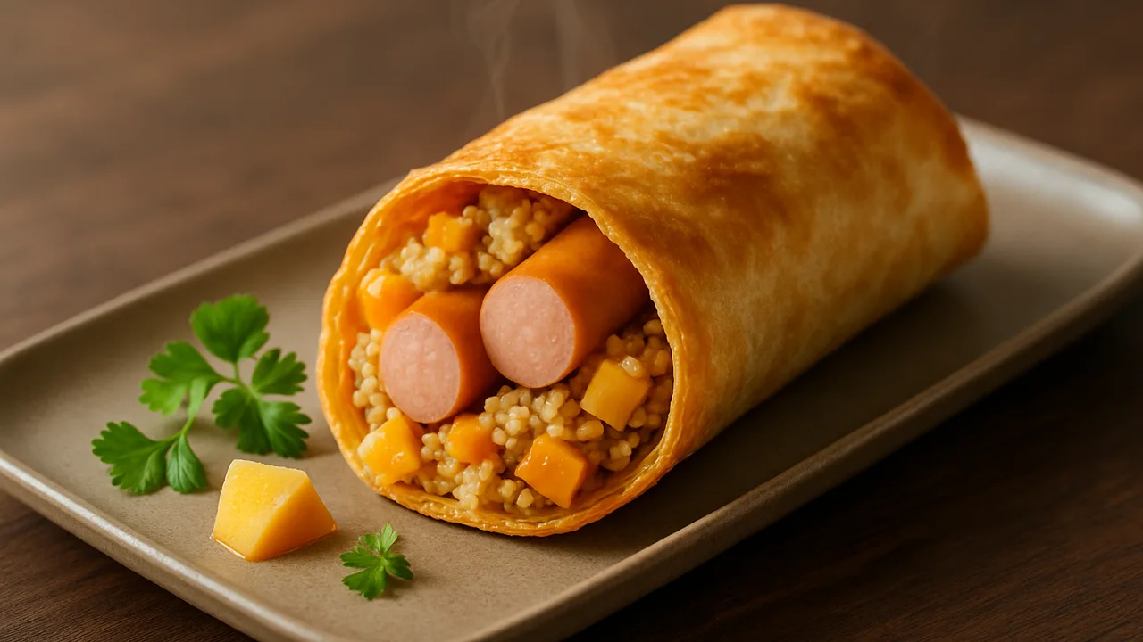 Wiener Würstchen Wrap mit Steckrübe und Hirse aus dem Airfryer mit Wiener Würstchen und Steckrübe, auf dunklem Walnussholz …