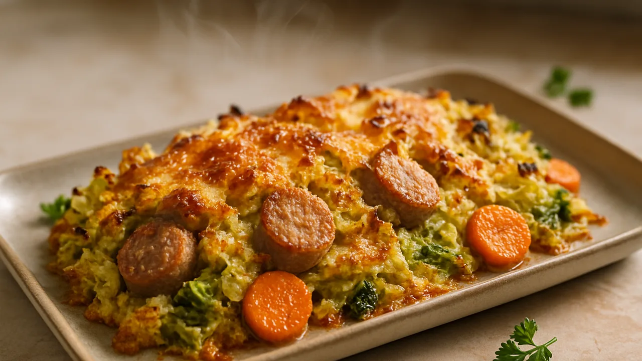 Wirsing-Bratwurst Auflauf aus dem Airfryer mit Wirsing und Bratwurst, auf beigem Marmor angerichtet.