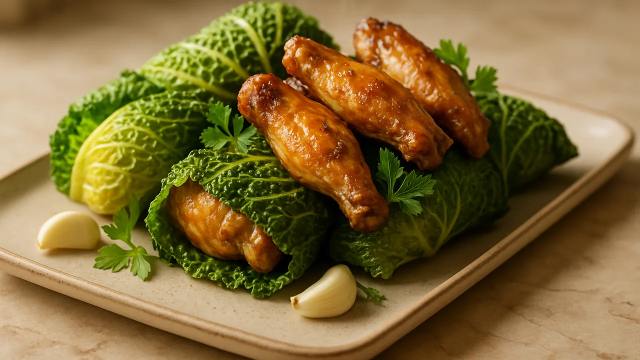 Wirsing gefüllt mit Hähnchenflügel und Kräutern aus dem Airfryer mit Wirsingblätter und Hähnchenflügel, auf beigem Marmor …