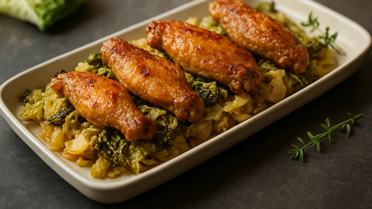 Wirsing-Hähnchenflügel Auflauf aus dem Airfryer mit Hähnchenflügel und Wirsing, auf dunklem Schiefer angerichtet.