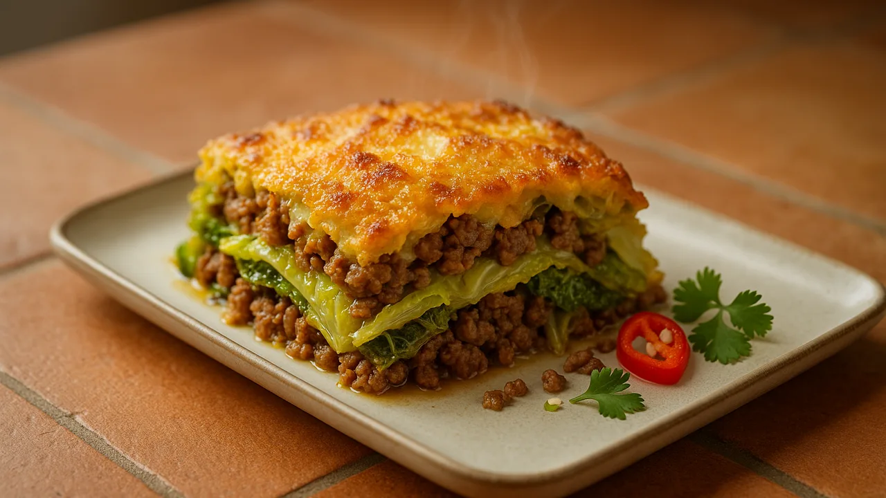 Wirsing-Rinderhackfleisch Auflauf Thai-Style aus dem Airfryer mit Rinderhackfleisch und Wirsing, auf Terracotta-Fliesen …