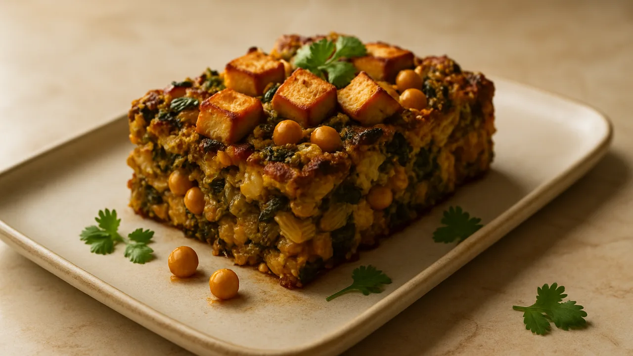 Wirsing-Tofu Auflauf marokkanisch aus dem Airfryer mit Wirsing und Tofu, auf beigem Marmor angerichtet.