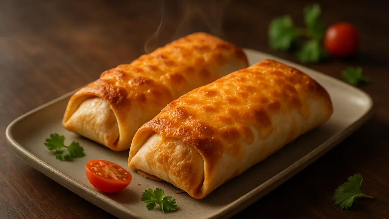 Wraps im Airfryer aufwärmen und knusprig überbacken mit Tortilla-Wraps und Cheddar, auf dunklem Walnussholz angerichtet.