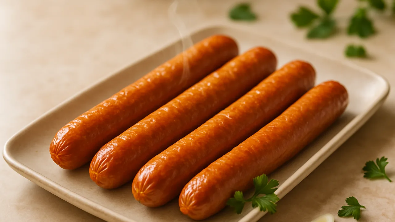 Würstchen im Airfryer – saftig mit knackiger Haut mit Wiener Würstchen, auf beigem Marmor angerichtet.