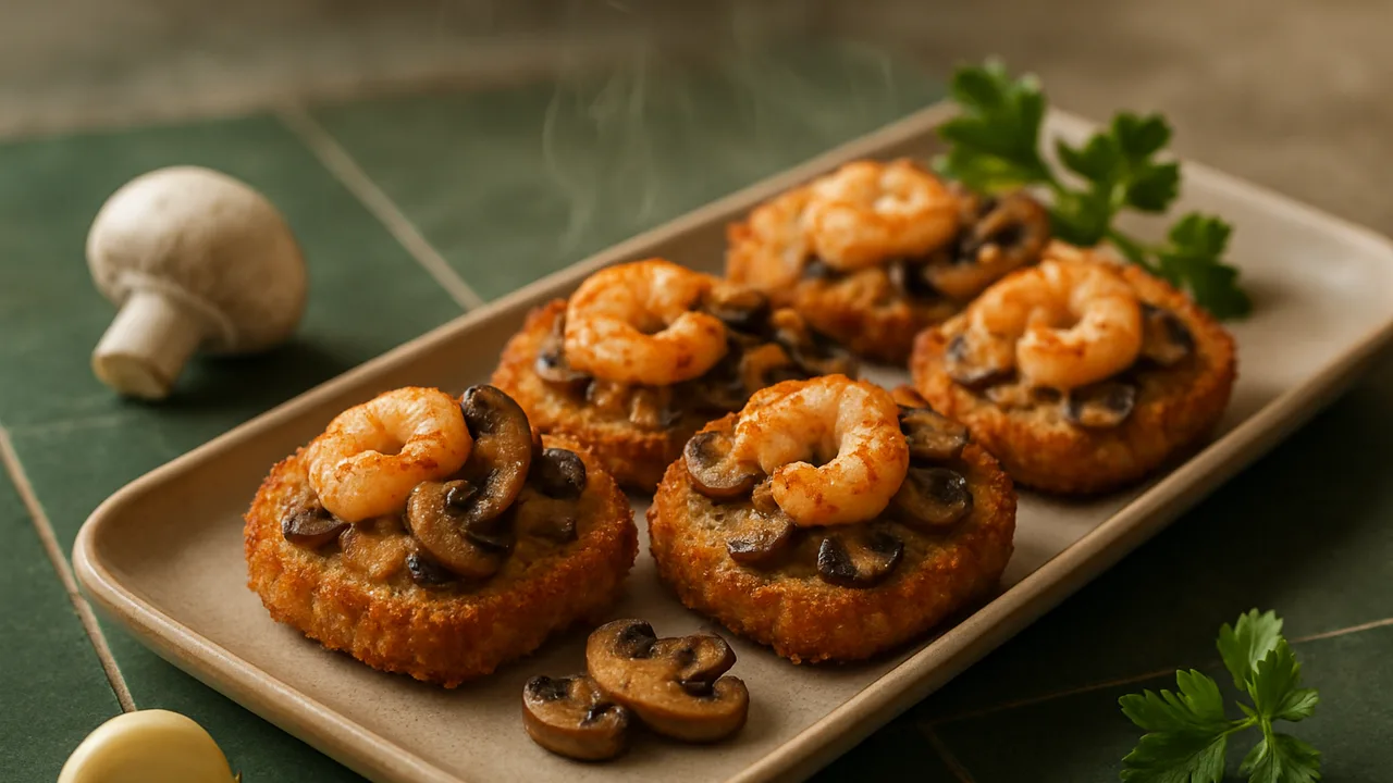 Würzig Champignons-Garnelen-Röstchen aus dem Airfryer mit Champignons und Garnelen, auf dunkelgrünen Fliesen angerichtet.