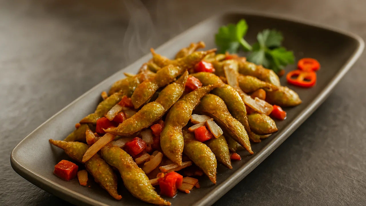 Würzig Edamame mit Paprika aus dem Airfryer mit Edamame und Paprika, auf dunklem Schiefer angerichtet.